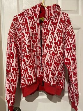 Red Graphic Zip-Up Hoodie Sweater - Bold All-Over Print